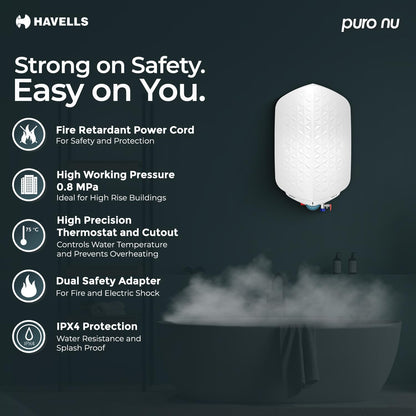 Havells Puro Nu 15L Storage Water Heater(Geyser)|Faster Heating|Safer to use|Saves electricity|Engineered for Hard Water|Glass Coated Anti Rust Tank|Whirlflow Technology|Jog Dial Temp. setting knob