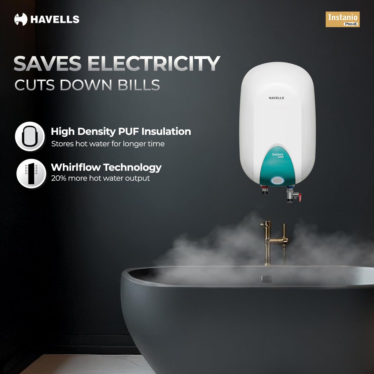 Havells Instanio Prime 25 Litre Storage Water Heater (Geyser) |Temp. Sensing Color Changing LED Indicator | Glass Coated Anti Rust Tank | Warranty: 5 Year on Tank | High Rise Compatible (White Blue)
