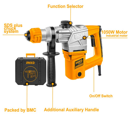 INGCO 1050W Corded Rotary Hammer 950RPM, 28mm in Concrete, 5J, SDS Plus Chuck System, 3 Functions, Electric Rotary Hammer Drill, Packed by Carrying Case