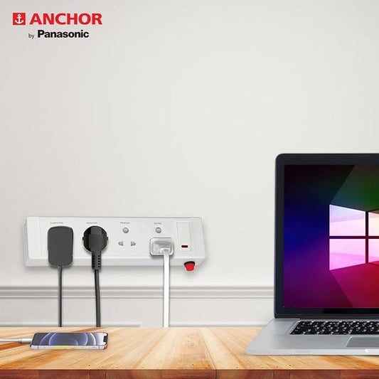 Anchor by Panasonic 20518 Plastic 4 Way Shutter Socket Surge Protector with Single Switch (White)