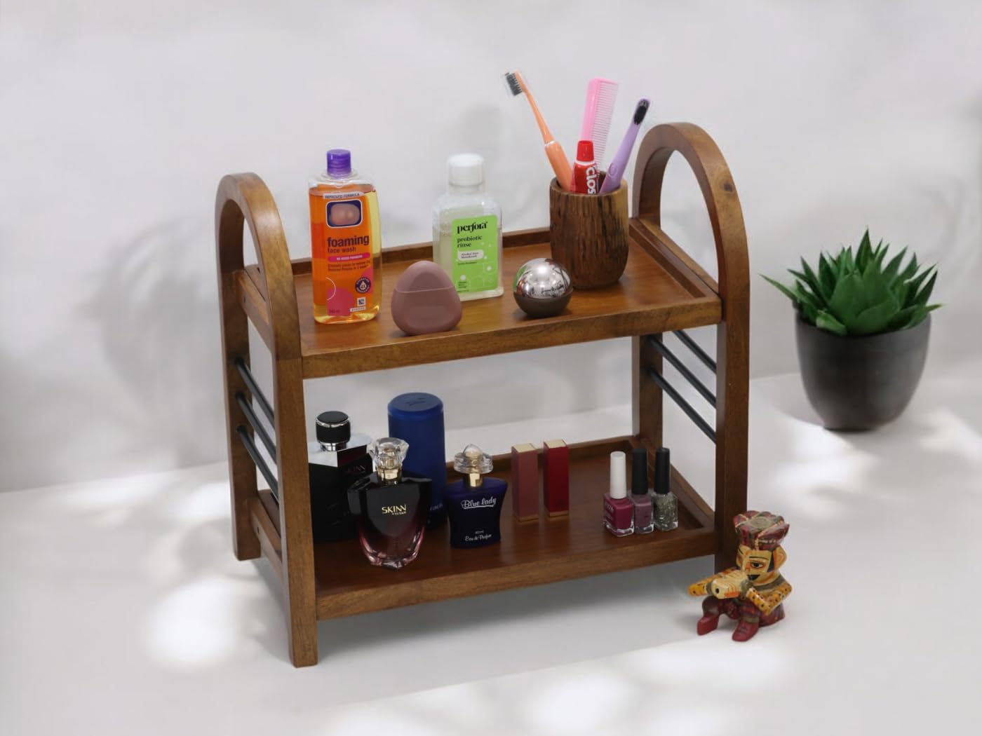 Udaipur Handicrafts Wooden Organizer Rack Stand for Kitchen, Bathroom, Countertop & Office | Mango Wood & Iron Storage Shelf with Dual Shelves for Spices, Toiletries, Books & Decor | 45.5 x 27 x 45 cm