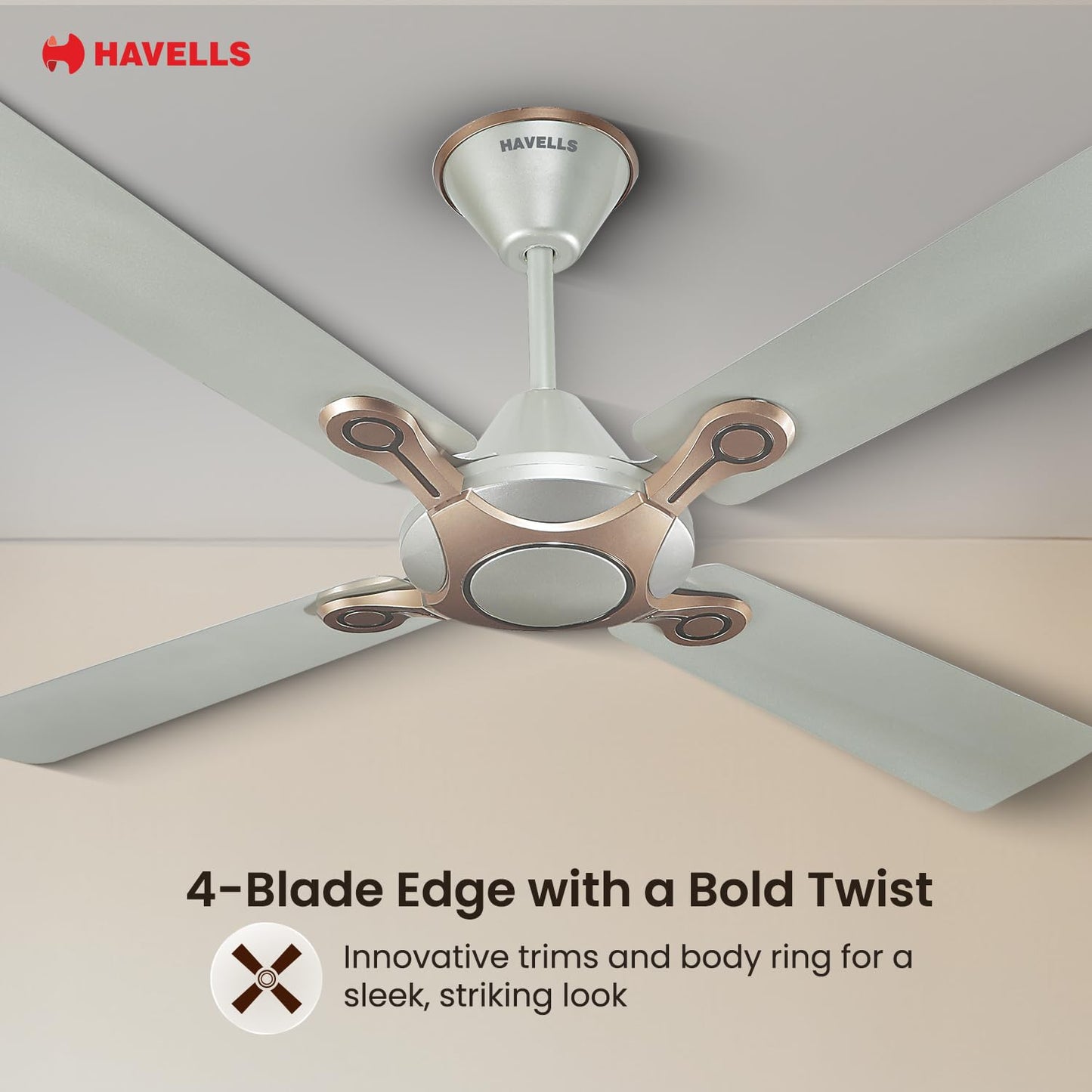 Havells 1200mm Leganza ES 4B Ceiling Fan | Best fan in 4 Blade, Premium Finish Decorative Fan, High Air Delivery | Energy Saving, 100% Pure Copper Motor, 2 Year Warranty | (Pack of 2, Bronze Gold)