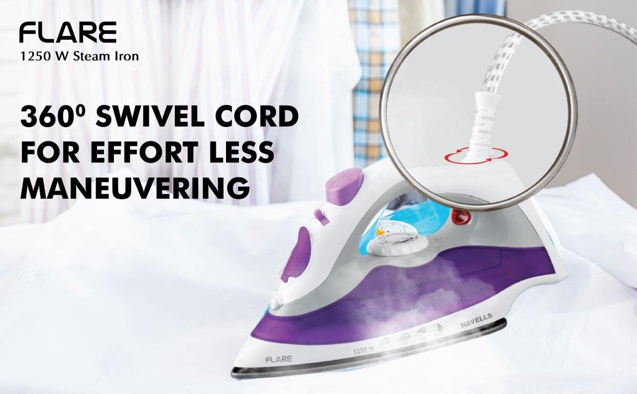 Havells Plastic Flare 1250 Watts Steam Iron With Vertical & Horizontal Ironing | Teflon Coated Sole Plate| Powerful Mist Spray With 3 Functions| 360° Swivel Cord|2 Years Manufacturer Warranty (Purple)