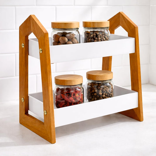 Udaipur Handicrafts 2-Tier Wooden Spice Rack Organizer | Multi-Purpose Countertop Storage Shelf for Kitchen, Bathroom & Office | Modern House-Shape Design | White & Natural Wood Finish