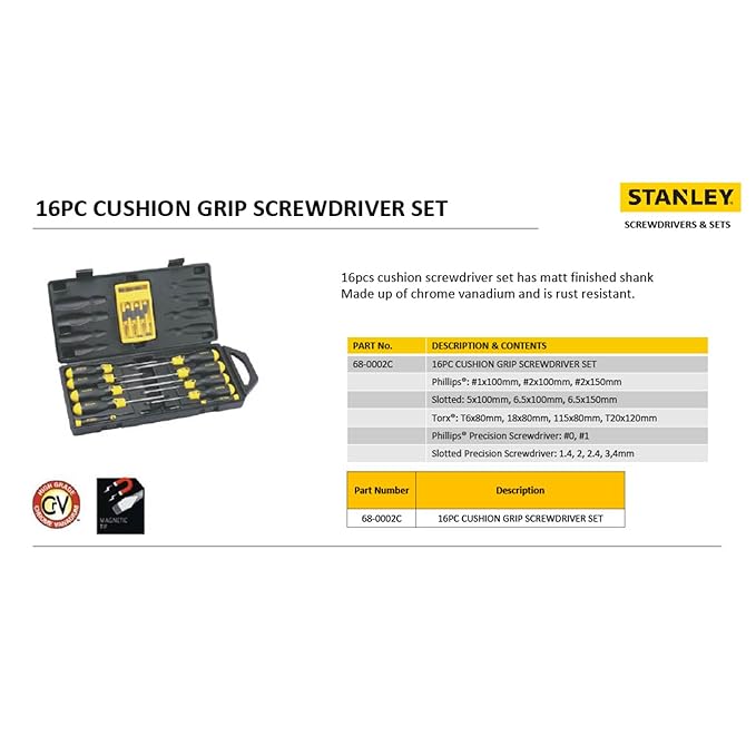 STANLEY 68-0002C Cushion Grip Screwdriver Set-16 pcs (Yellow and Black)
