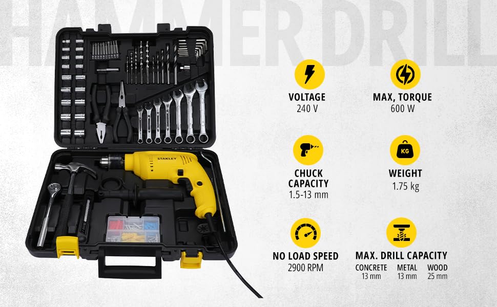 STANLEY SDH600KM-IN 600W 13mm Drill Machine with Mechanical Toolkit for Home, DIY & Professional Use (120-Pieces) - Includes Hammer Drill, Hammer & Measurement Tape, 1 Year Warranty, YELLOW & BLACK