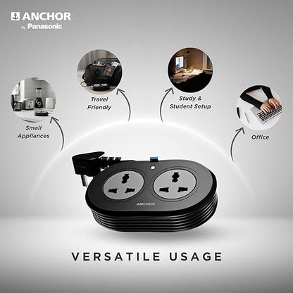 Anchor by Panasonic 2 Universal Socket Extension Board, 6A Spike Guard with 1.2-Meter Heavy Duty Cord for Home and Office Usage, 2 Way Power Strip with LED Indicator, Matt Finish
