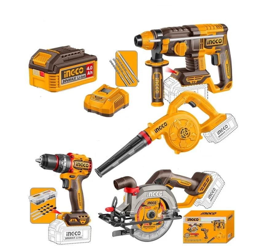 Ingco COSLI250695 20V Cordless Impact Drill,Circular Saw,Rotary Hammer & Blower 4 In 1 Combo Tool With Battery-Charger, Accessories Kit