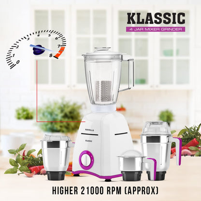 Havells Klassic 750 watts 4 Jar Mixer Grinder with 304 SS Blades, Large Size SS Jars, Break Resistant Polycarbonate Transparent Jar Lids With Twist & Lock Mechanism
