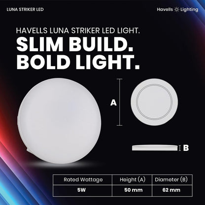 Havells Luna Striker Led 5W 4000K,Led-Spotlights,Energy Efficient,Long Life of 25000 Burning Hours,Pc Housing with DOB Design to Fit in Small Spaces,Pc Housing with DOB Design,Natural Daylight(4000K)