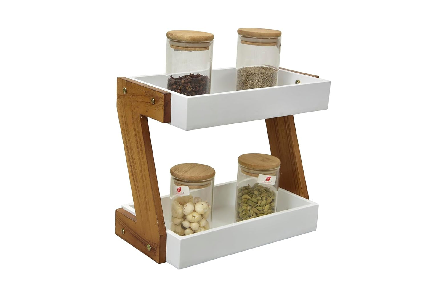 Udaipur Handicrafts  Triangluar Countertop Spice Rack | Kitchen Counter Top Organizer | 2-Tier Kitchen Storage Organizer Tiered Shelf| Jars And Bottle Holder & Kithen Decor Item