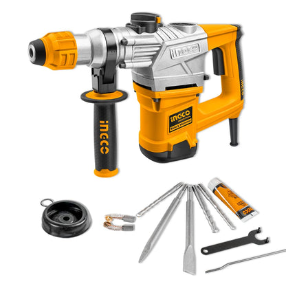 Ingco Rotary Hammer SDS-Plus Chuck Heavy Duty Rotary 5J with Vibration Control Hammer Drill, 1250W | 3800bpm, 3 drills and 2 chisels with Case, Yellow, Black
