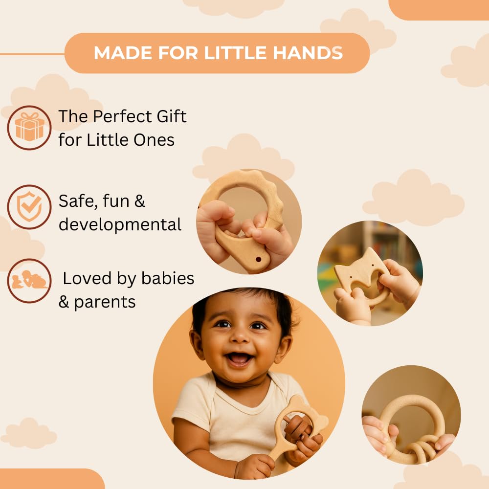 UdrCrafts® Babbles Neem Wood Teethers for Babies | Wooden Teethers for 6 to 12 Months Baby | Natural and Antibacterial (Cat+Hedgehog+Micky Head+Ring)