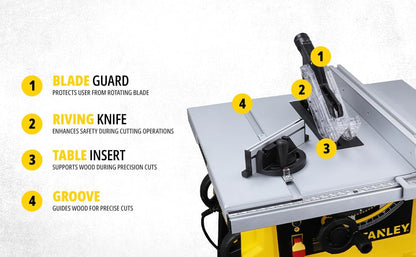 STANLEY SST1801-IN 1800W 254mm Table Saw With Frame, For Heavy-Duty Applications & Cutting Plywood, 150-hours Runtime, Compatible with 10” Cutting Blades, 1 Year Warranty, Yellow and Black