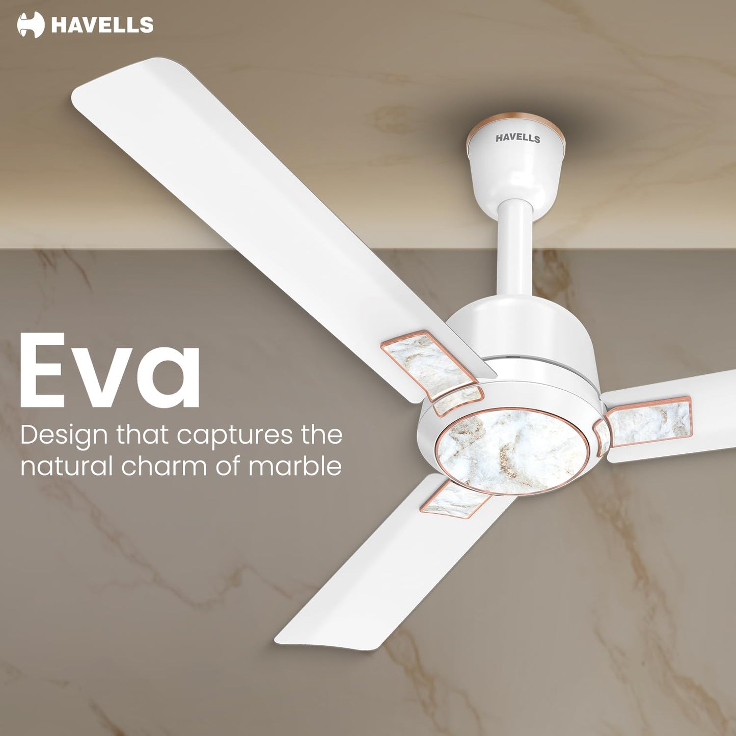 Havells Eva 1200mm Ceiling Fan for Home & Office with Aerodynamically Designed Blades, Energy Efficient & Power Saving for Superior Airflow | 2 Years Manufacturer Warranty | Pearl White Marble