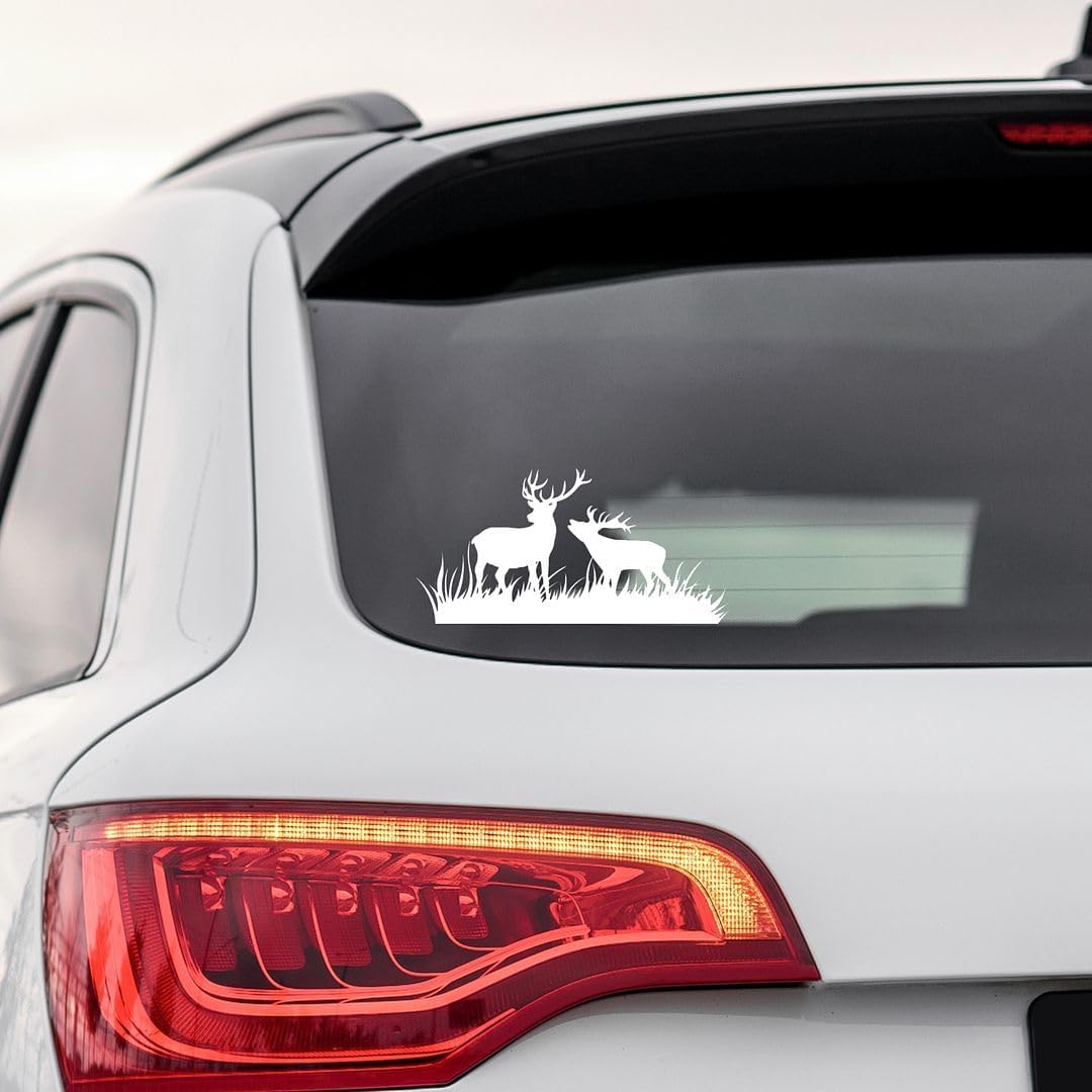 Akshar Arts Bhuwana Deer Couple Vinyl Car Sticker Wildlife Silhouette Animal Decal | Waterproof, Weatherproof & Scratch Resistant Car Window Sticker | Animal Sticker for Car, Bike | 5.5 x 2.7 Inch | Pack of 2 (White)