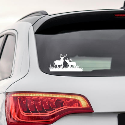 Akshar Arts Bhuwana Deer Couple Vinyl Car Sticker Wildlife Silhouette Animal Decal | Waterproof, Weatherproof & Scratch Resistant Car Window Sticker | Animal Sticker for Car, Bike | 5.5 x 2.7 Inch | Pack of 2 (White)