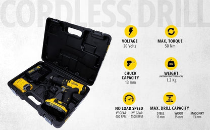 STANLEY FATMAX SCD711D2KA-B1 20V 2.0Ah 13mm Reversible Cordless Brushed Hammer Drill With 100pcs Accessories Kit 2x2.0Ah Li-ion Batteries 1pc Charger 2-Speed Gearbox, 2 Year Warranty, YELLOW & BLACK