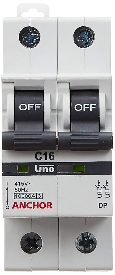 Anchor by Panasonic 98019 UNO Series 16 Ampere Dual Pole C Curve MCB,(White, Pack of 2)