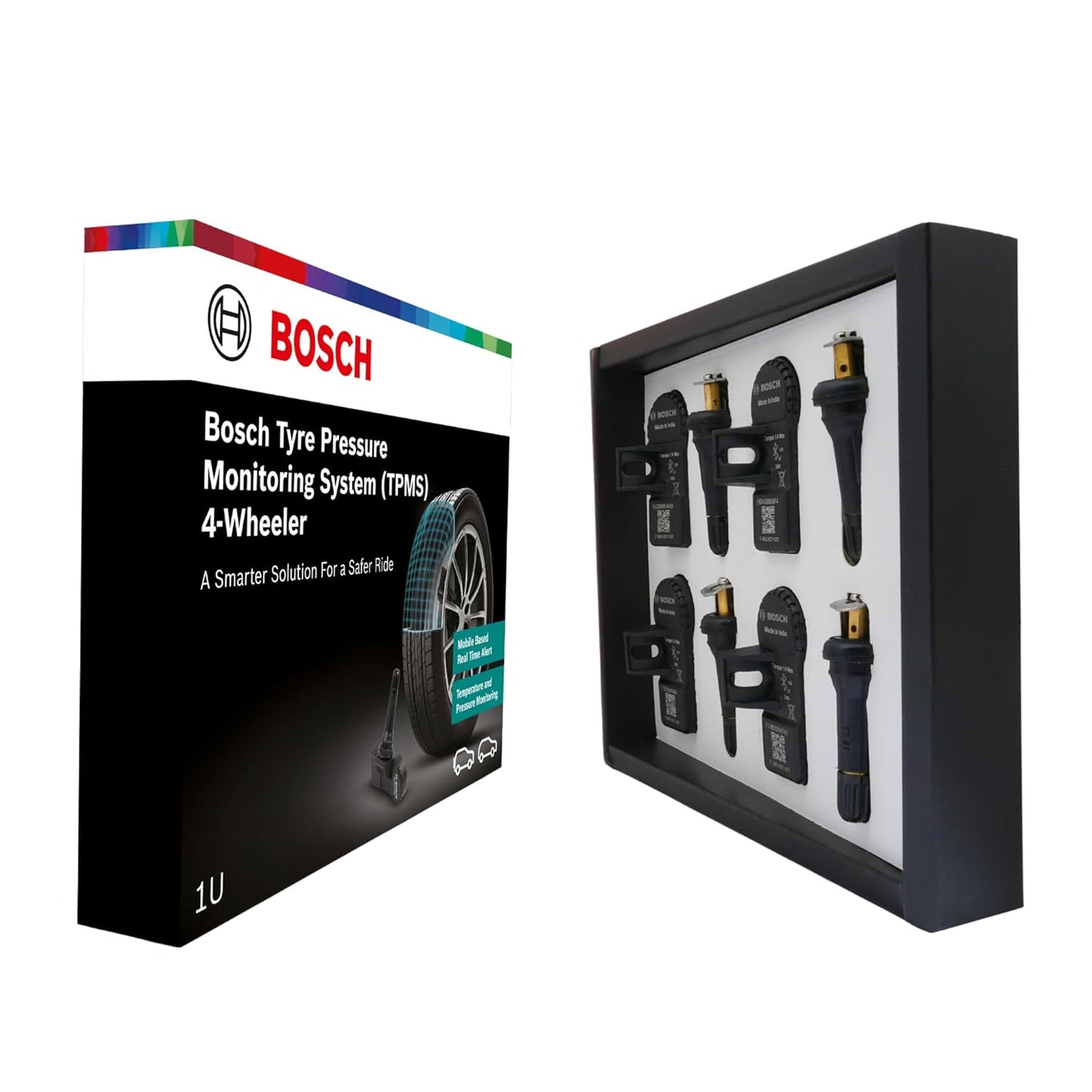 Bosch Tyre Pressure Monitoring System (TPMS) for Cars with tubeless Tyres | Pack of 4 sensors | Real-Time Tracking & Alerts via Mobile App | 5-Year Warranty