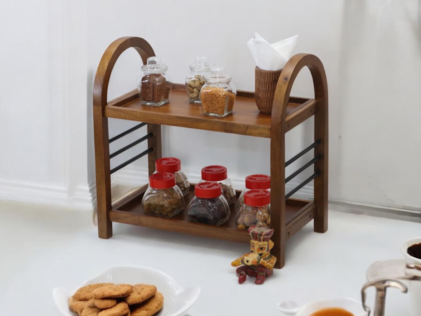 Udaipur Handicrafts Wooden Organizer Rack Stand for Kitchen, Bathroom, Countertop & Office | Mango Wood & Iron Storage Shelf with Dual Shelves for Spices, Toiletries, Books & Decor | 45.5 x 27 x 45 cm