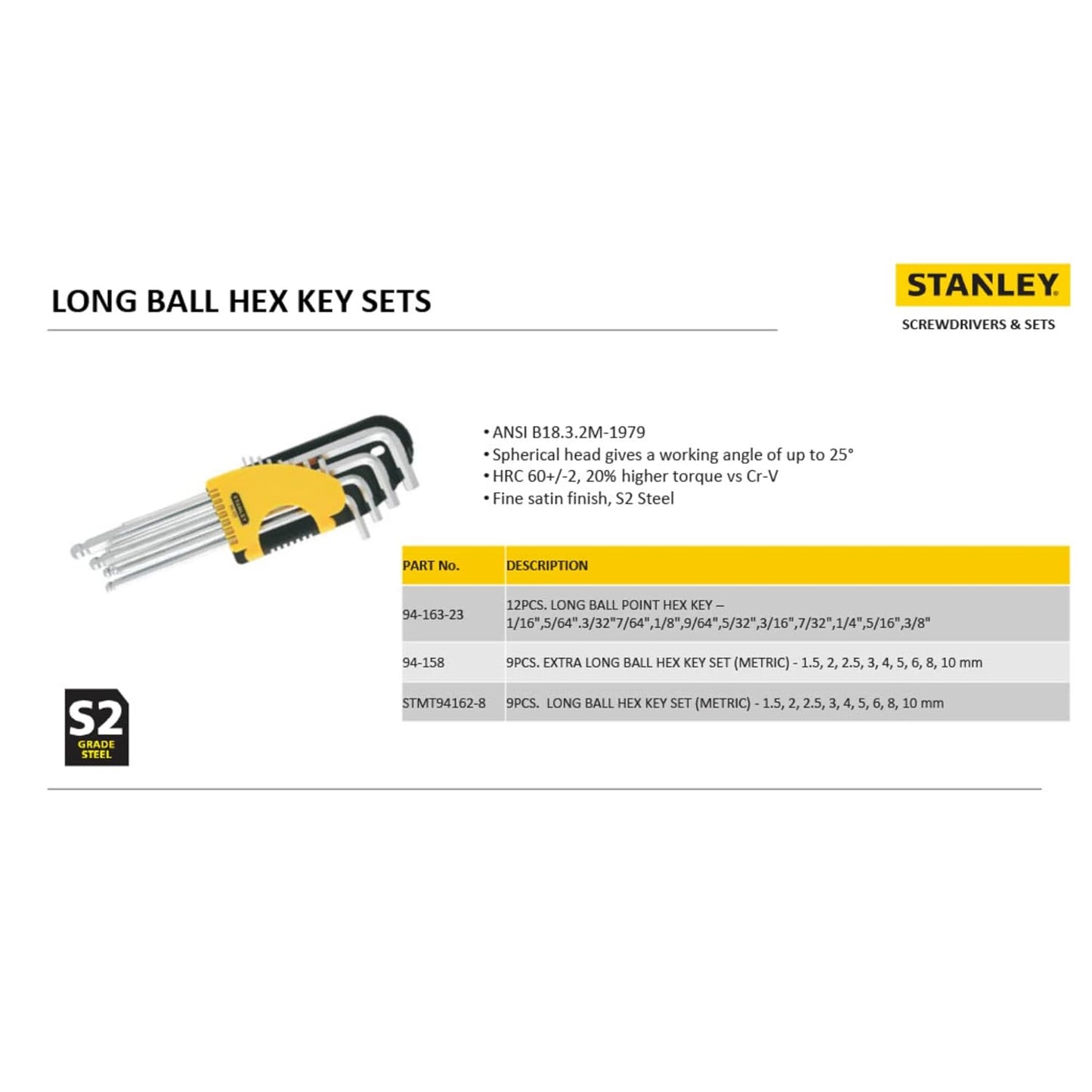 STANLEY STMT94162-8 Metric Extra Long Ball End Hex Key (9 pc)