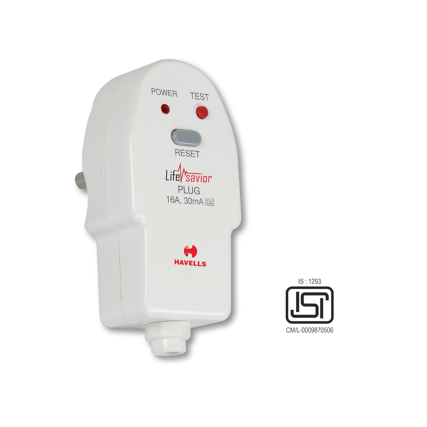 Havells Plastic 16A 30mA PRCD Plug Top, Equipped with a Safety Shutter Socket Along with An Auto Trip Feature Which Shuts Off if Detects Any Current Leakage, Backup Protection for Overload 6IEC: 61540