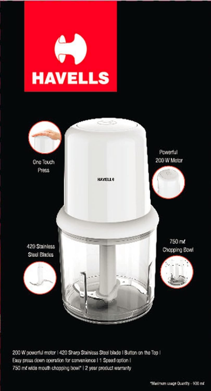 Havells Coral 200W Electric Vegetable Chopper for Kitchen | 750ml Bowl | One-Touch Operation | Portable Food Chopper | Chop, Mince, Dice | Compact Design | 2-Year Warranty (White)