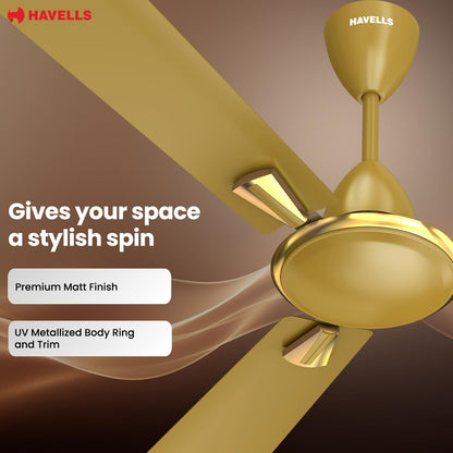 Havells Quickair 1200mm Ceiling Fan, High-Speed, Energy Efficient & Silent Operation with Modern Design, Ideal for Bedrooms | 2 Years Manufacturer Warranty | Desert Gold