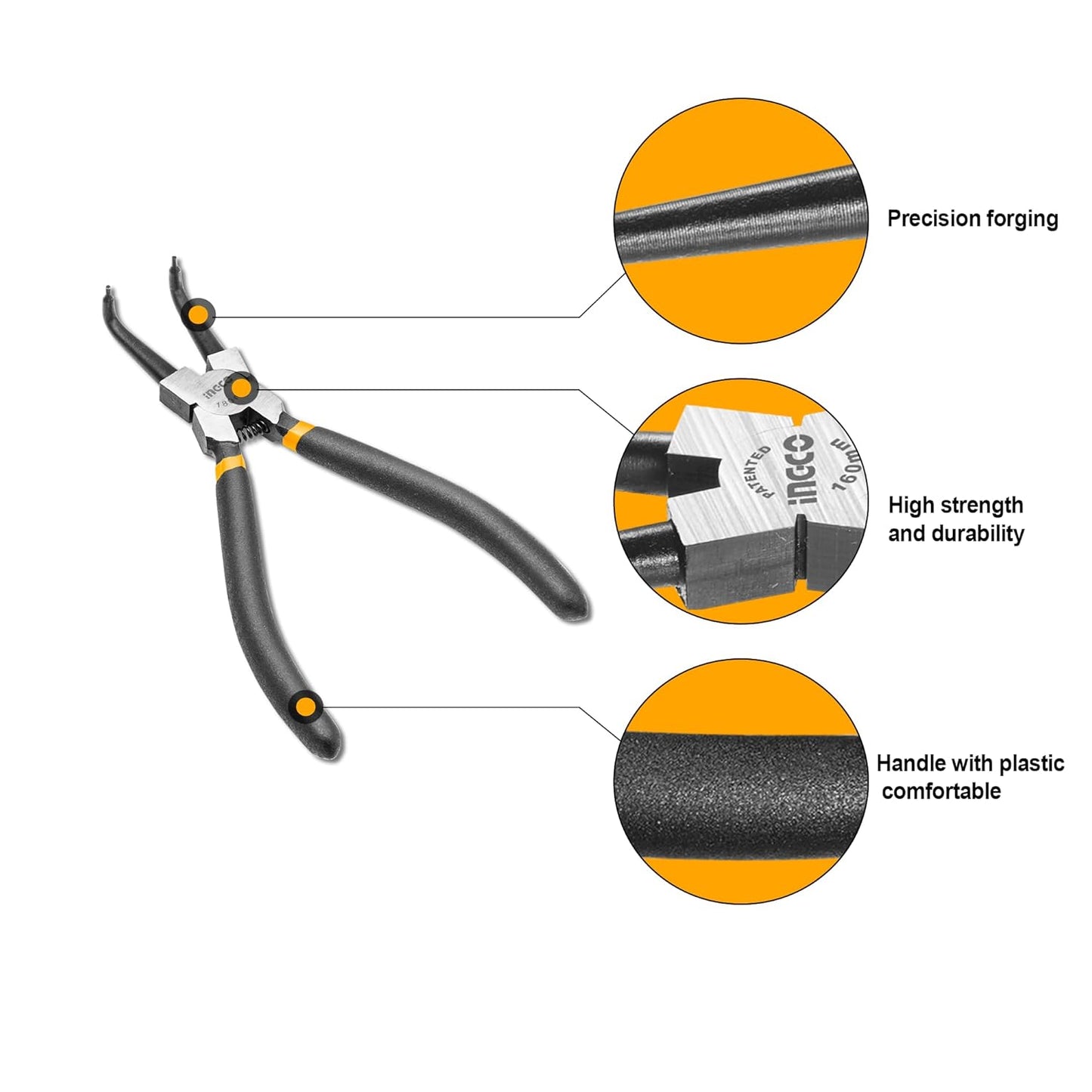 INGCO 4 Pcs Circlip Pliers Set, 2 Pcs of 180°,2 pcs of 90°; Size:7"/180mm; Diameter：1.8mm, Overall Forging and Heat Treatment, High Strength and Long Service Life