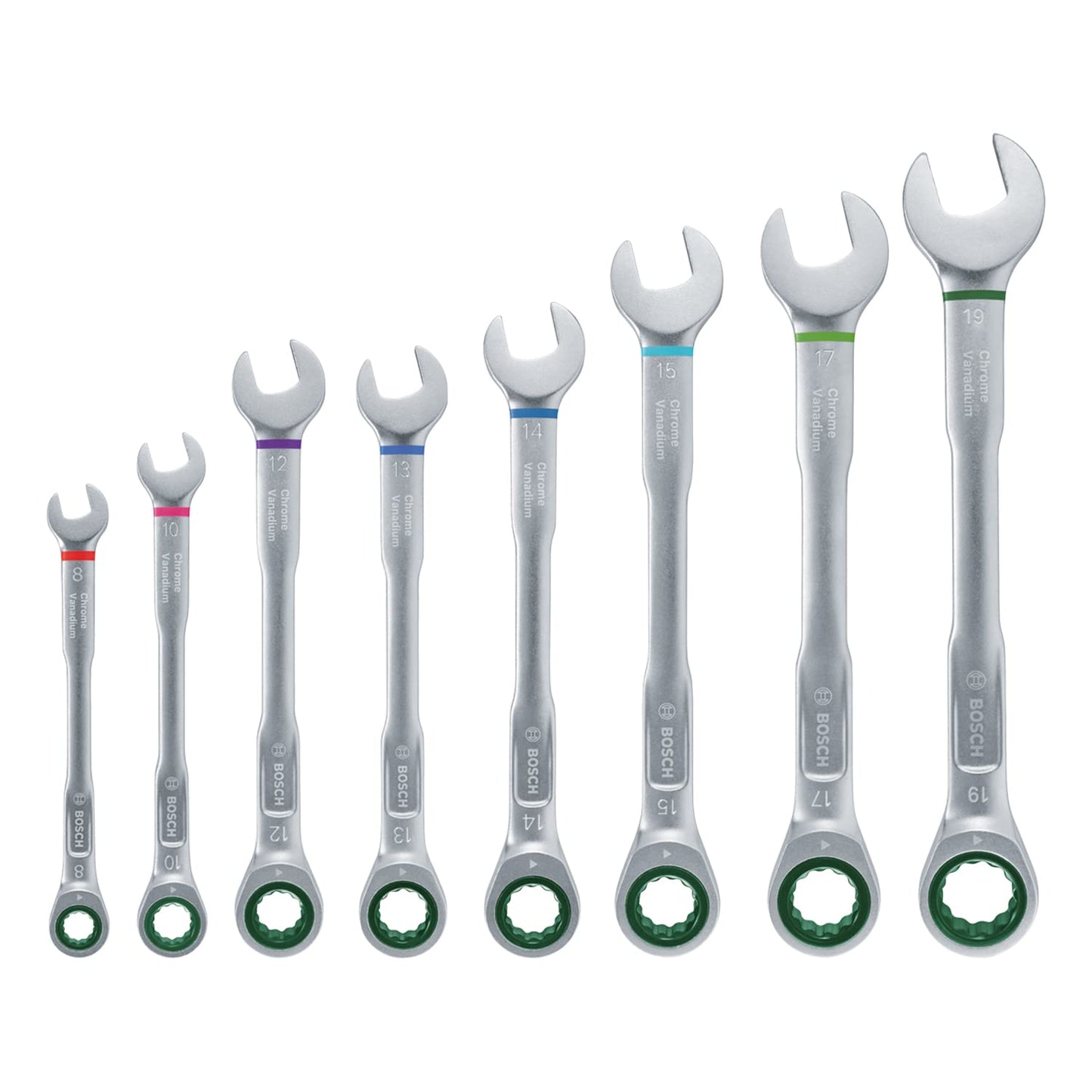 Bosch Ratchet Combination Wrench 8-Piece Set - Chrome Vanadium Steel, 72 Teeth, 5-Degree Working Angle, Rust Resistant & Comes with Compact Storage Case (Sizes: 8mm to 19mm)
