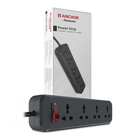 ANCHOR by Panasonic 6 Amp Power Strip with 4 Universal Sockets with Master Switch, 4 Way Extension Board with 1.5 Mtr Long Wire (22078), Black