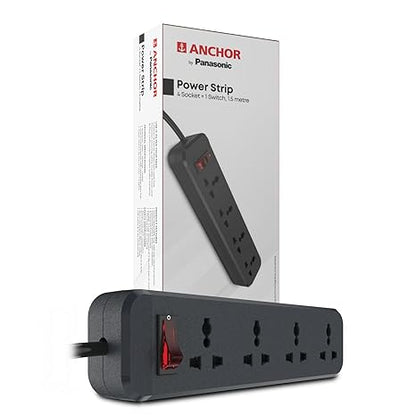 ANCHOR by Panasonic 6 Amp Power Strip with 4 Universal Sockets with Master Switch, 4 Way Extension Board with 1.5 Mtr Long Wire (22078), Black