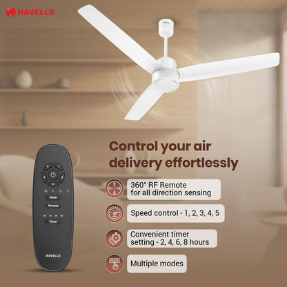 Havells FAB BLDC Ceiling Fan 1200mm, 380 RPM, Savings upto 65%, Reverse Rotation, 4 Modes (Boost, Sleep, Breeze, Mop), Low Wattage 30W, Low Noise, Air Flow:225 CMM, 3 Year Warranty, Elegant White