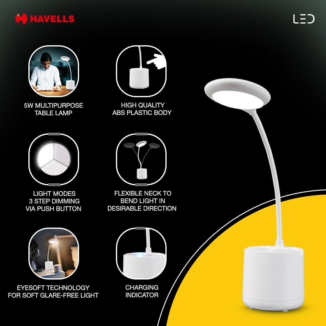 Havells Polycarbonate Moderna 5w LED Table Lamp |Rechargeable Desklight, 3 Dimming Modes with Brightness Control, White