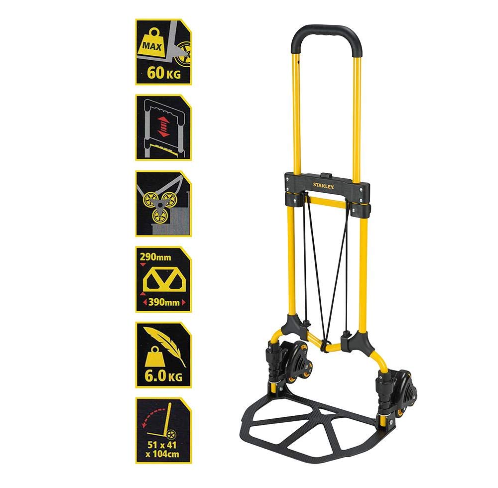 STANLEY SXWT-FT584-SP Folding Handtruck, 30/60kg Load Capacity, Adjustable TPR Grip Handle, Comes with a Bungee Cord, 2" Stair Climber Wheels, Open Dimn: 41x41x102 cm,Folded Dimn: 39x67x72.5 cm