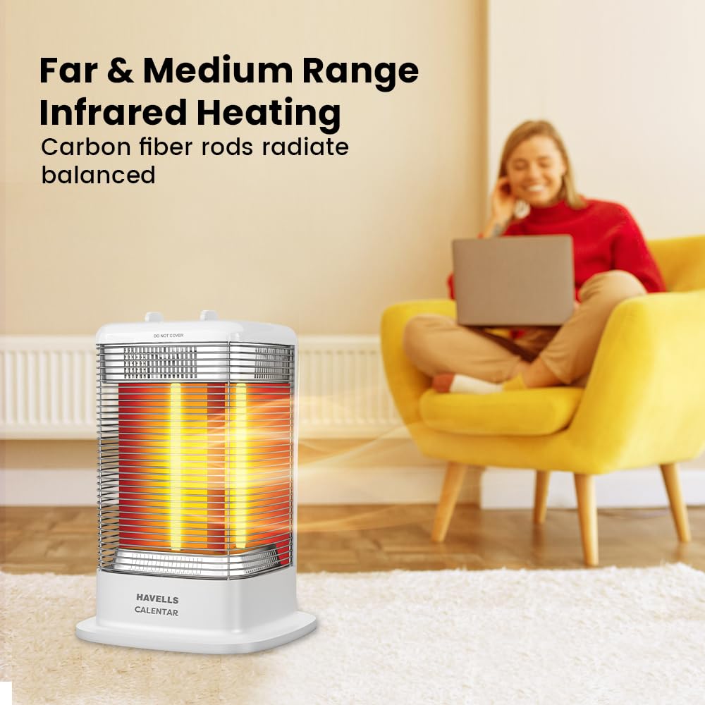 Havells Calenter 1050 Watt Room Heater With 3 Carbon Heating Tube| 3 Heat Setting| Tip Over Switch Protection| 3 Direction Heating| Upto 120min. Timer Setting| 2 Years Manufacturer Warranty (White)