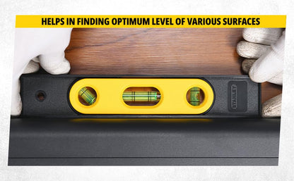 STANLEY STHT42264-812 Plastic Torpedo Level Magnetic-225mm/9'', High Impact ABS Plastic for Durability, 3 Vials, Ideal for Wood & Concrete Measurement, Yellow