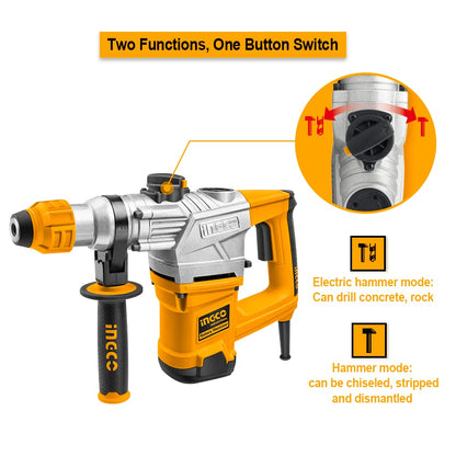 Ingco Rotary Hammer SDS-Plus Chuck Heavy Duty Rotary 5J with Vibration Control Hammer Drill, 1250W | 3800bpm, 3 drills and 2 chisels with Case, Yellow, Black
