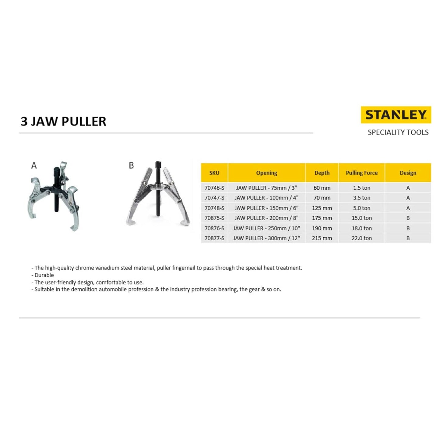 STANLEY 70746-S Carbon Steel 3 Jaw Gear Puller, 75 mm, Silver