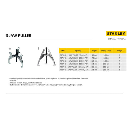 STANLEY 70746-S Carbon Steel 3 Jaw Gear Puller, 75 mm, Silver