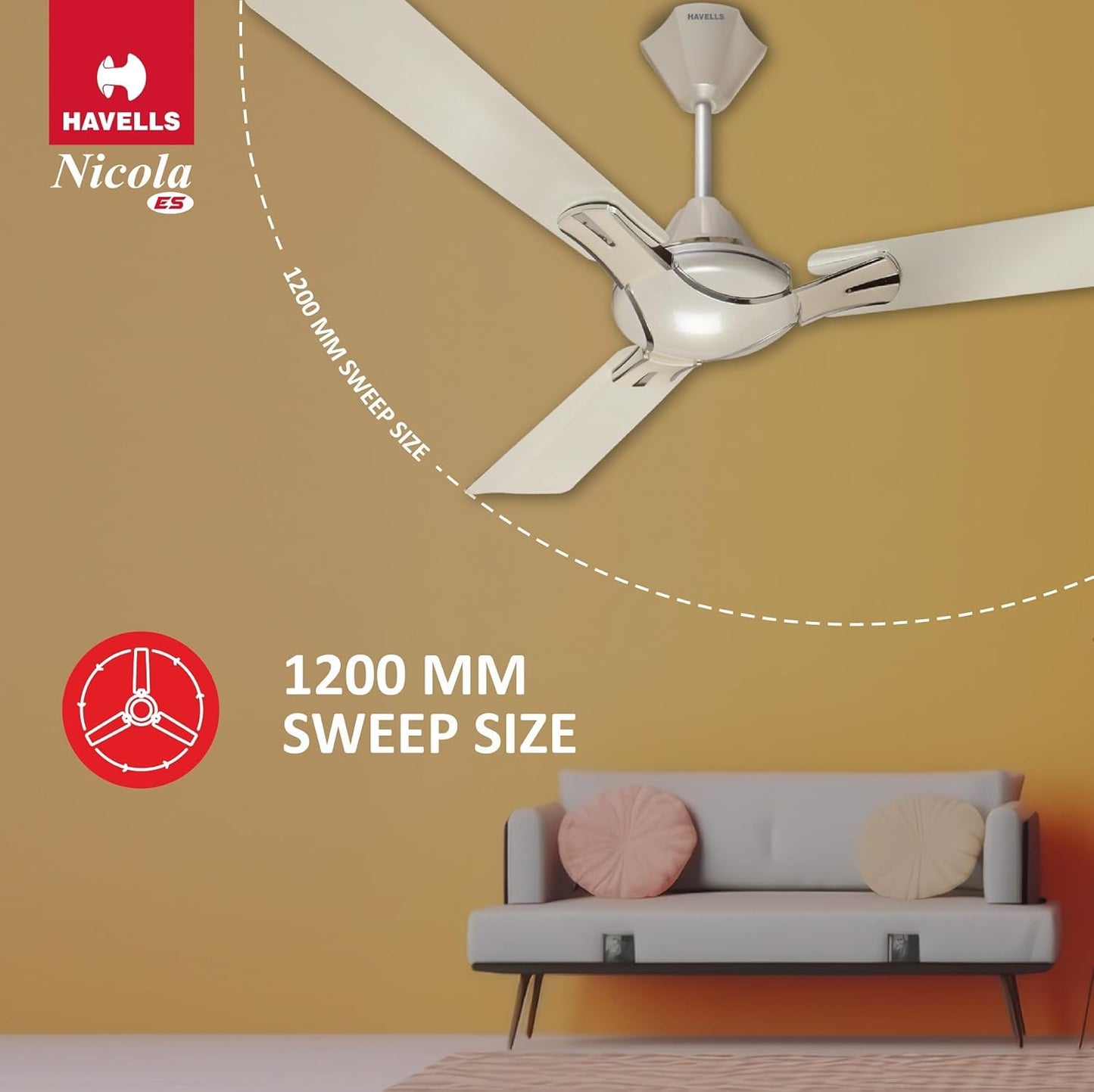 Havells 1200mm Nicola Energy Saving Ceiling Fan (Pearl White Silver, Pack of 1) 2 Star