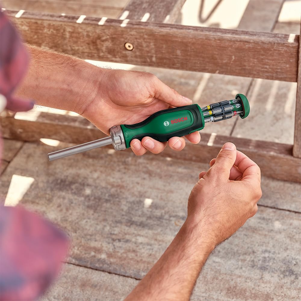 BOSCH Ratchet Screwdriver | Smooth Ratchet Mechanism for Continuous Rotation | 12 Interchangeable Bits in Magazine | Ergonomic Non-Slip Handle for Comfort | Quick Bit Storage for Easy Access