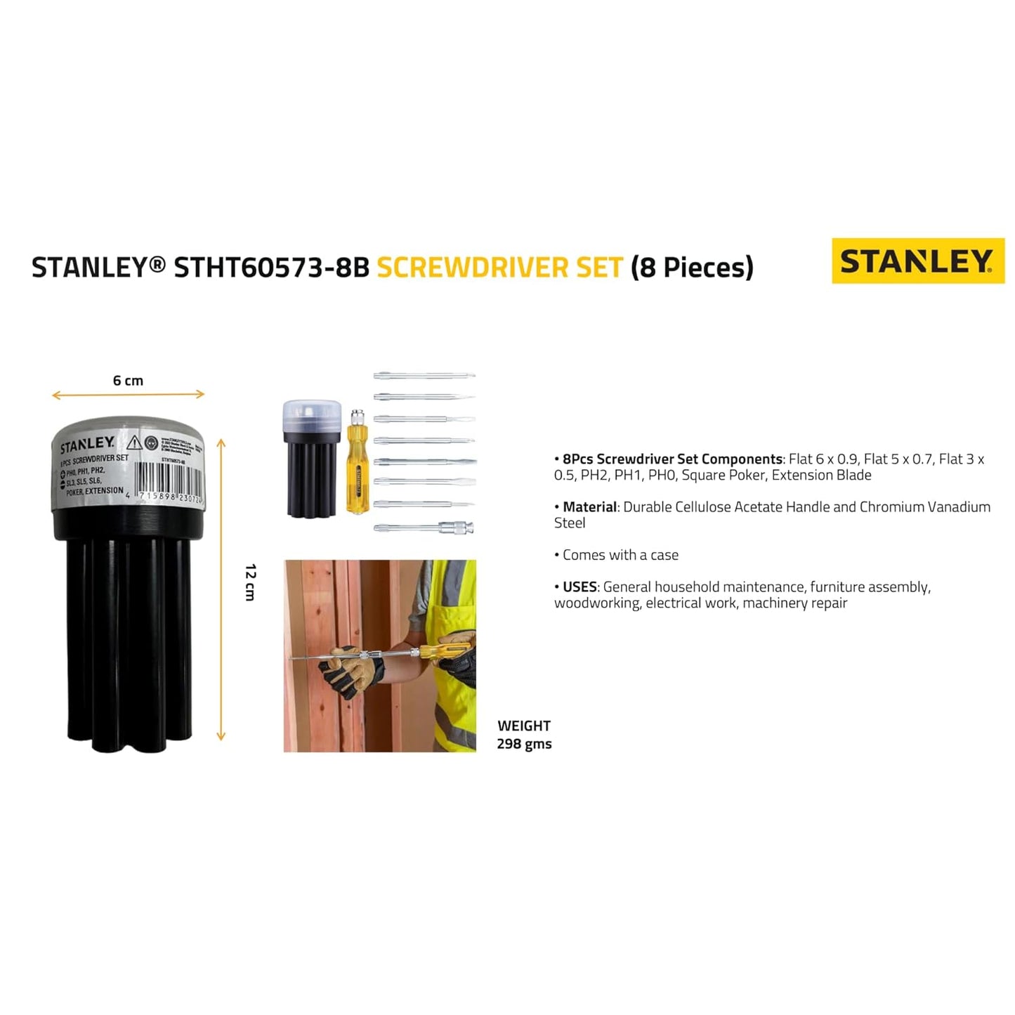 STANLEY STHT60573-8B 8 Pcs Screwdriver Set With 3 Phillips & 3 Flat Tips, 1 Square Poker & 1 Extension Blade- Multi-Purpose Tool Screwdriver Set, Ideal for Home, DIY & Professional Fastening Purposes
