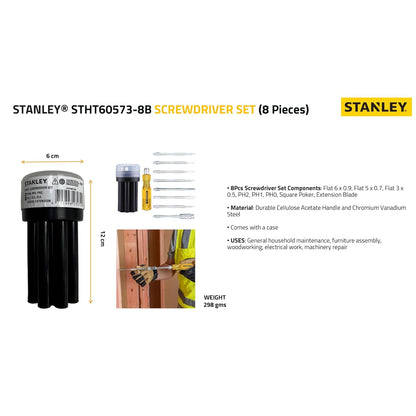 STANLEY STHT60573-8B 8 Pcs Screwdriver Set With 3 Phillips & 3 Flat Tips, 1 Square Poker & 1 Extension Blade- Multi-Purpose Tool Screwdriver Set, Ideal for Home, DIY & Professional Fastening Purposes