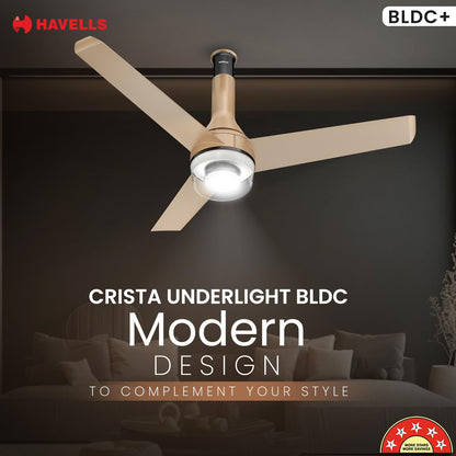 Havells 1200mm Crista Underlight BLDC Ceiling Fan | Remote Controlled, Smart Fan, IoT Enabled, Alexa & Google Home Compatible | 5 Star Rated, Upto 60% Energy Saving, 2 Year Warranty | (Champagne Cola)