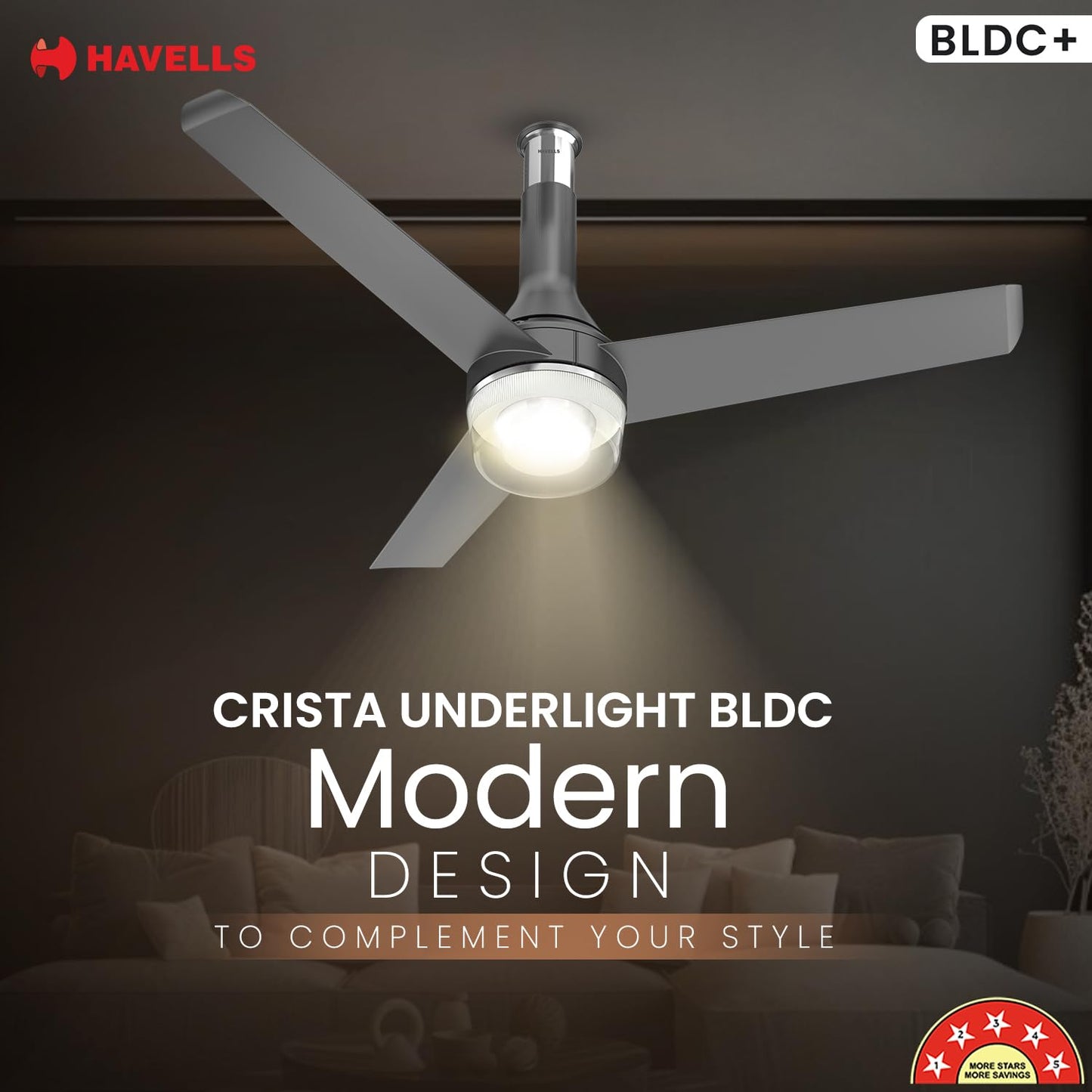 Havells 1200mm Crista Underlight BLDC Ceiling Fan | Remote Controlled, Smart Fan, IoT Enabled, Alexa & Google Home Compatible | 5 Star Rated, Upto 60% Energy Saving, 2 Year Warranty | (Slate Chrome)