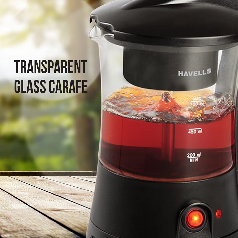 Havells Crystal Tea-Coffee Maker Glass with Filter Basket | Indicator Light | Transparent Glass Carafe 600 W