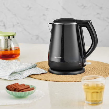 Havells Aqua Plus Electric Kettle 1.2 Litre, 1250 Watt | 304 Stainless Steel Inner Body | Cool Touch Body | Auto Shut-Off |Wider Mouth|2 Years Door Step Warranty by Havells (Black)