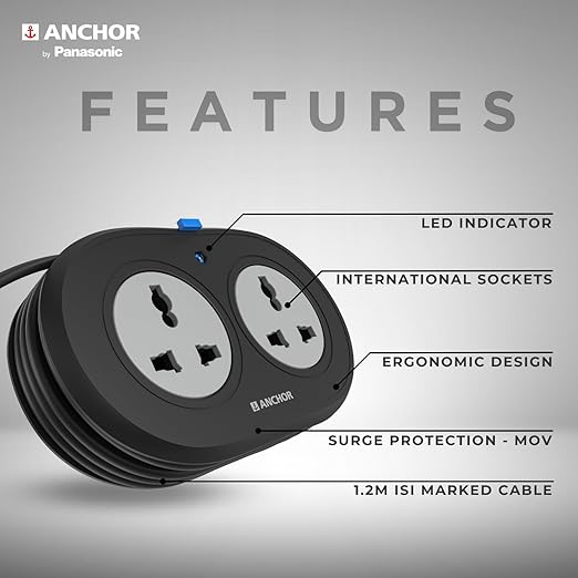 Anchor by Panasonic 2 Universal Socket Extension Board, 6A Spike Guard with 1.2-Meter Heavy Duty Cord for Home and Office Usage, 2 Way Power Strip with LED Indicator, Matt Finish